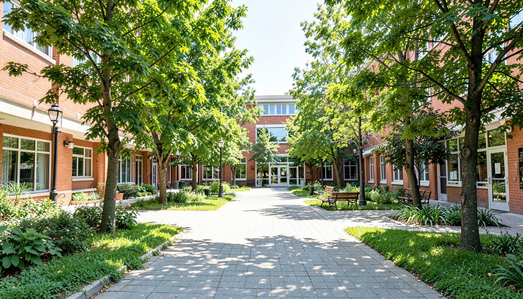 A bright school campus courtyard with trees and walkways under daylight, serene and welcoming atmosphere