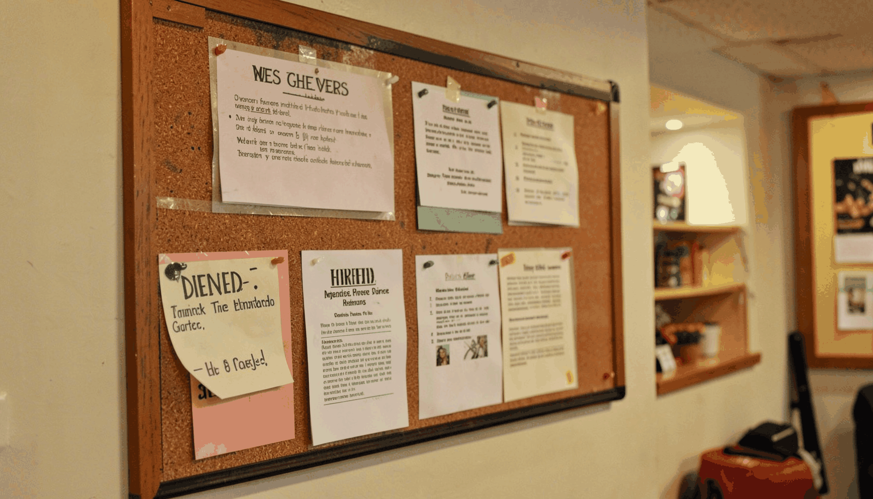 A bulletin board with pinned notices and announcements, warm indoor lighting, community-focused feel