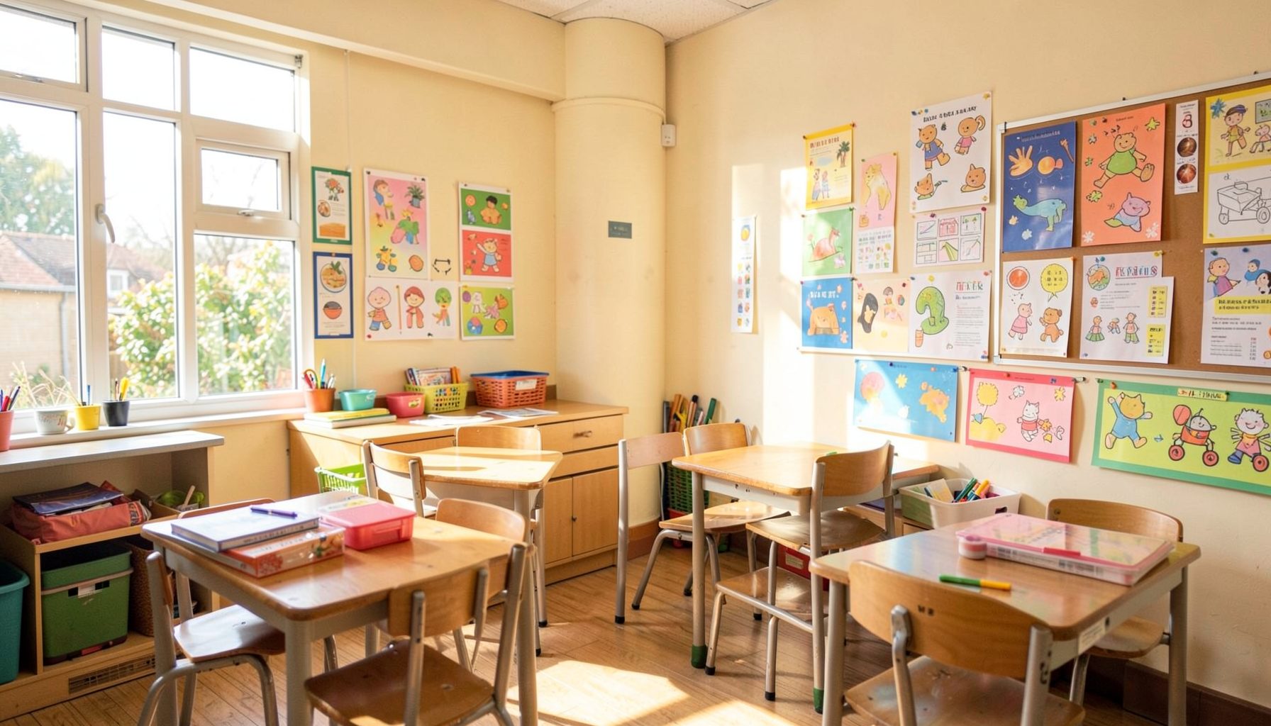 A bright classroom scene with colorful educational materials on walls, natural light streaming through windows, warm and inviting