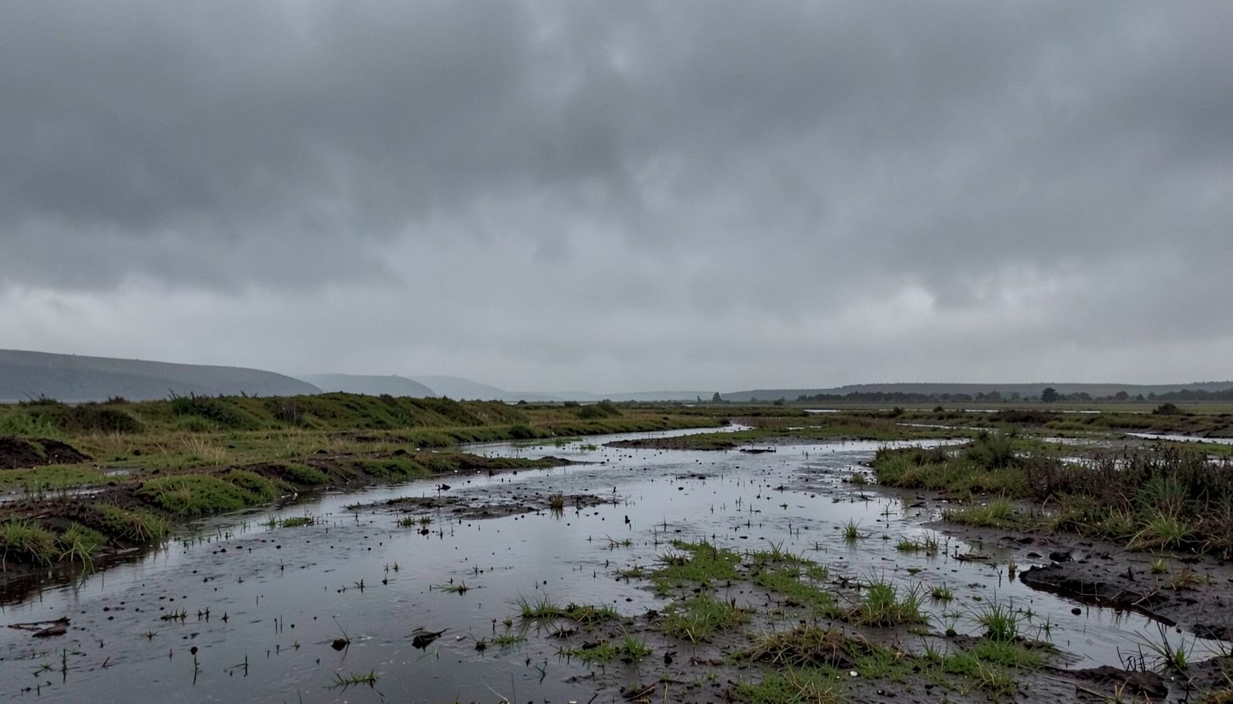 A calm landscape after a storm with muted gray skies and wet ground, conveying resilience and preparedness