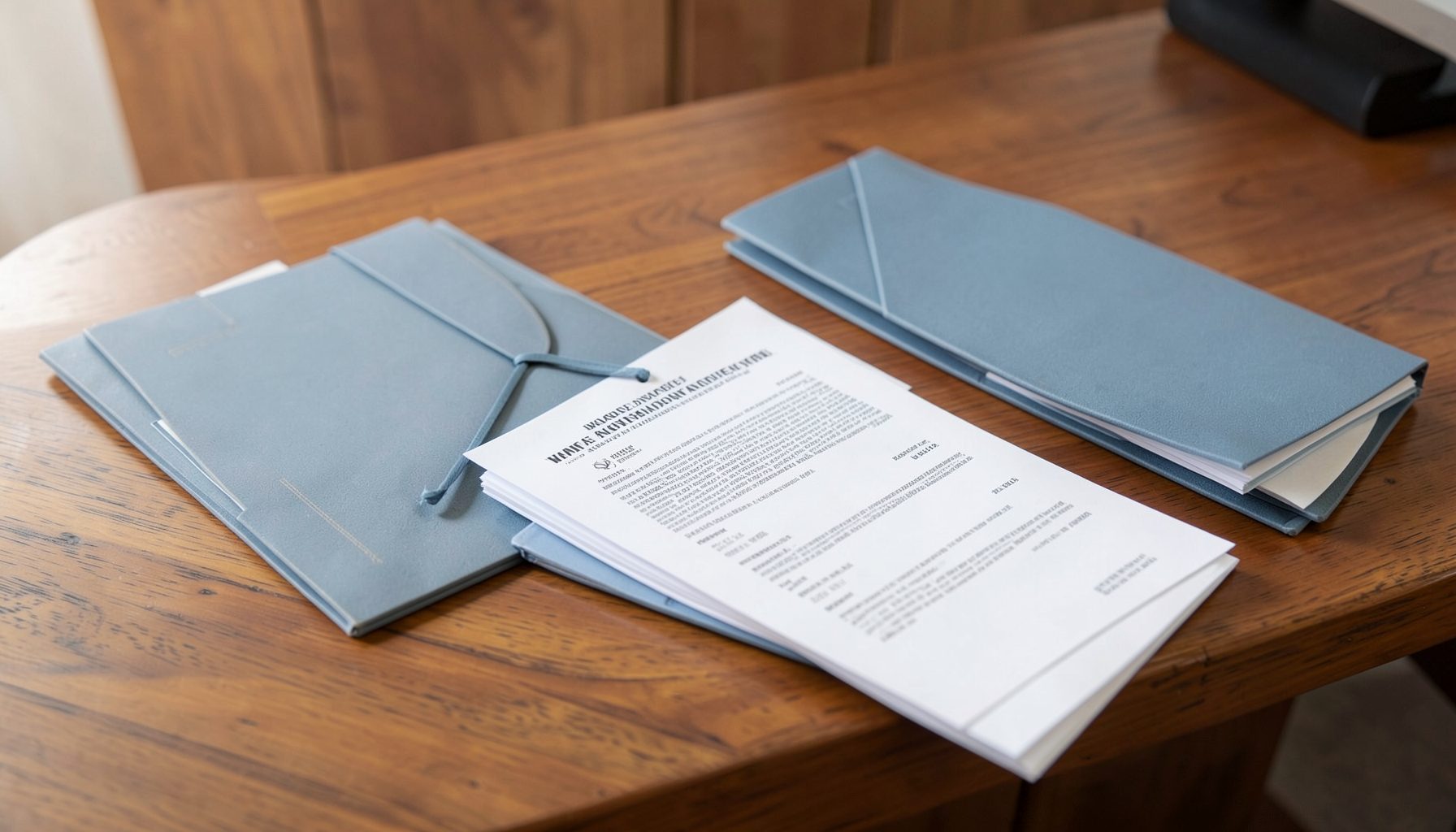 A clean desk with neatly stacked official forms and folders in muted blues and warm wood tones, conveying order and administration