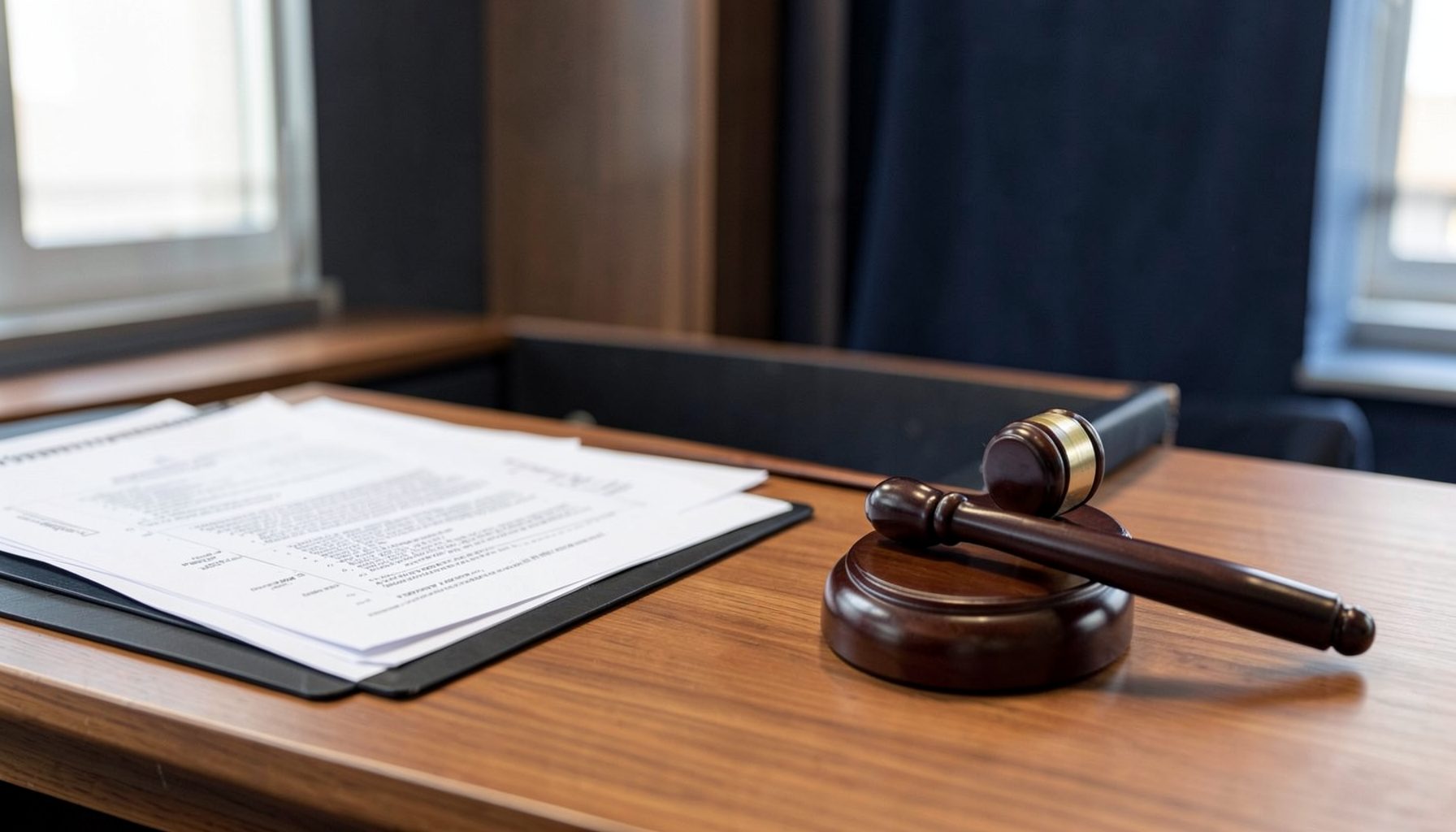 A clean government office setting with documents and a gavel on a wooden desk, conveying formality and procurement processes