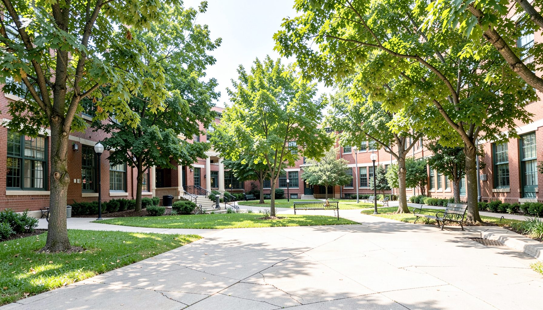 A wide shot of a school campus courtyard with trees and walkways, bright daylight, serene and welcoming