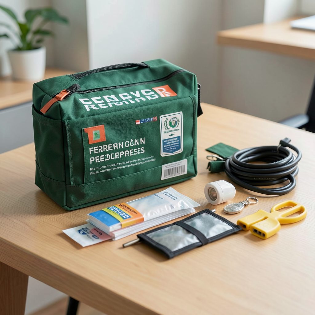 An emergency preparedness kit and safety gear arranged neatly on a table, calm and reassuring tone