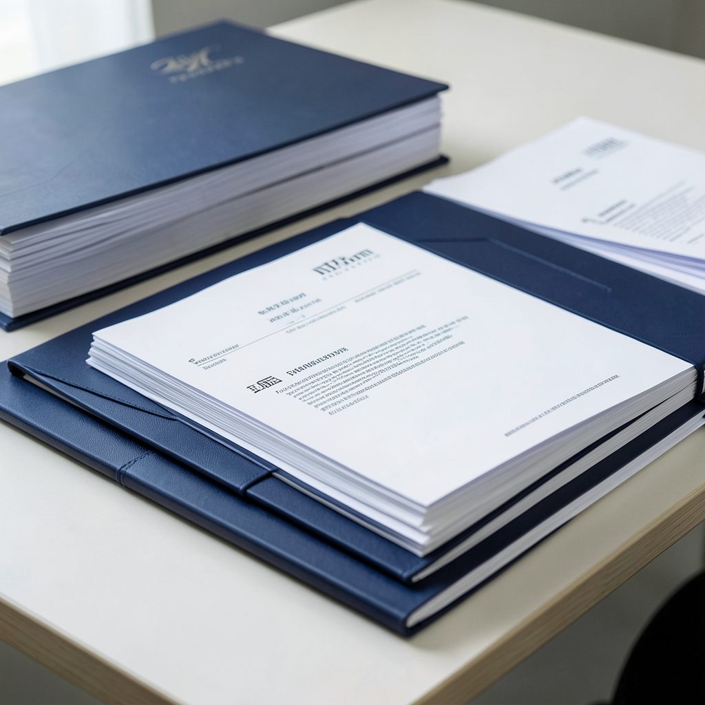Stacked official documents and folders on a desk, navy and white color scheme, orderly and professional