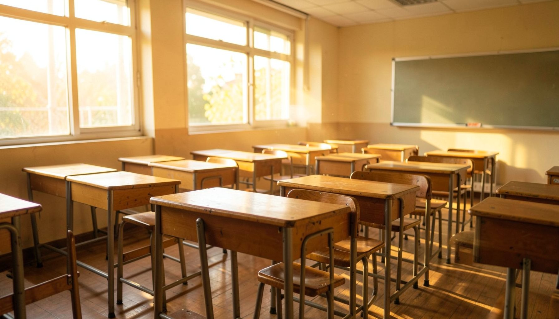 Sunlit classroom with wooden desks in neat rows, warm golden light streaming through large windows
