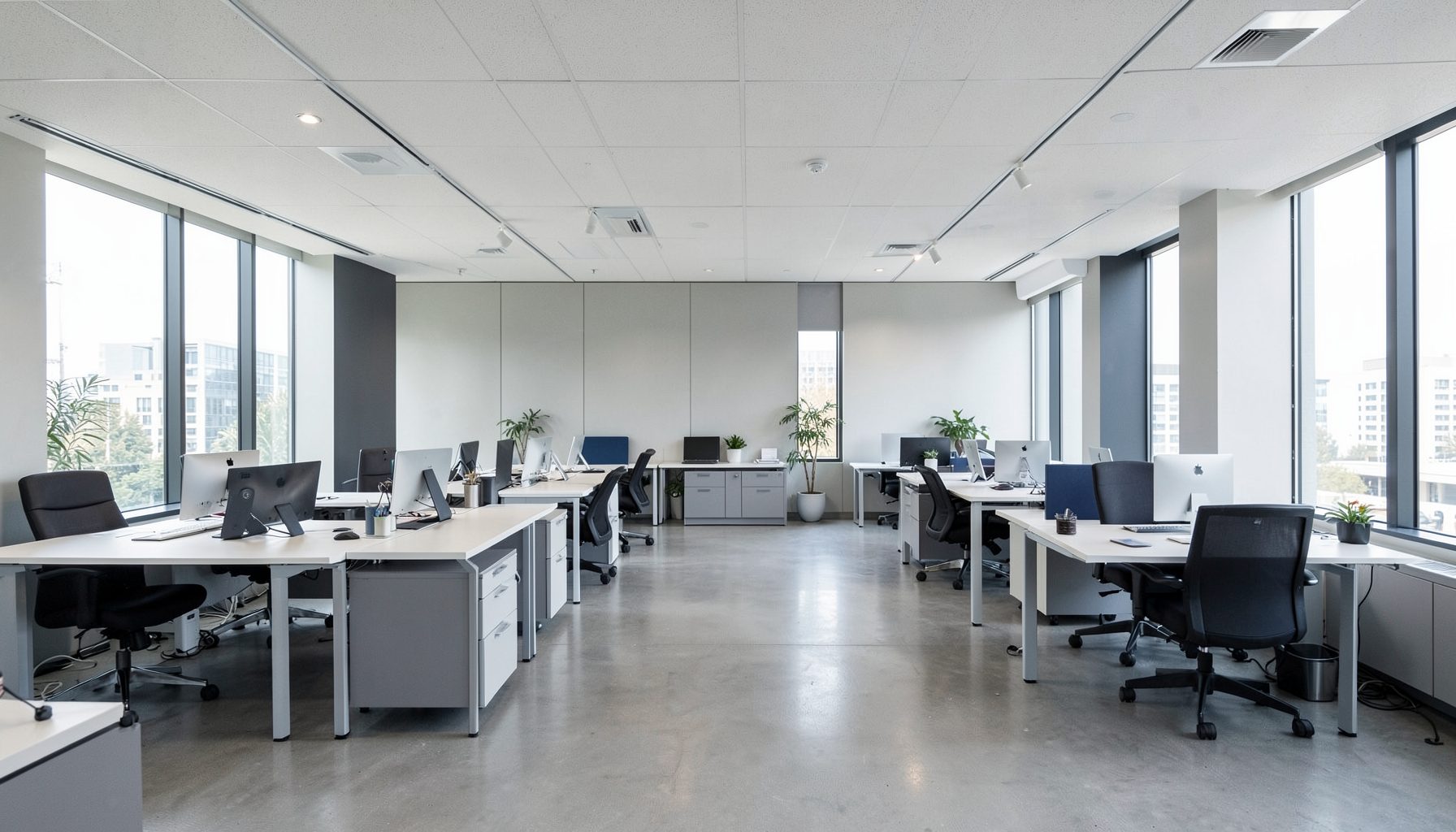 Wide view of a modern office interior with desks and natural light in neutral gray and blue tones